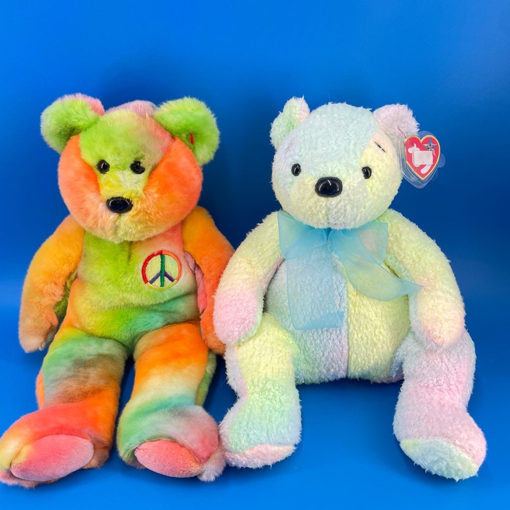 Ty Beanie Buddies neon Peace Mellow Pastel Bears 16" VTG Tie Dye
